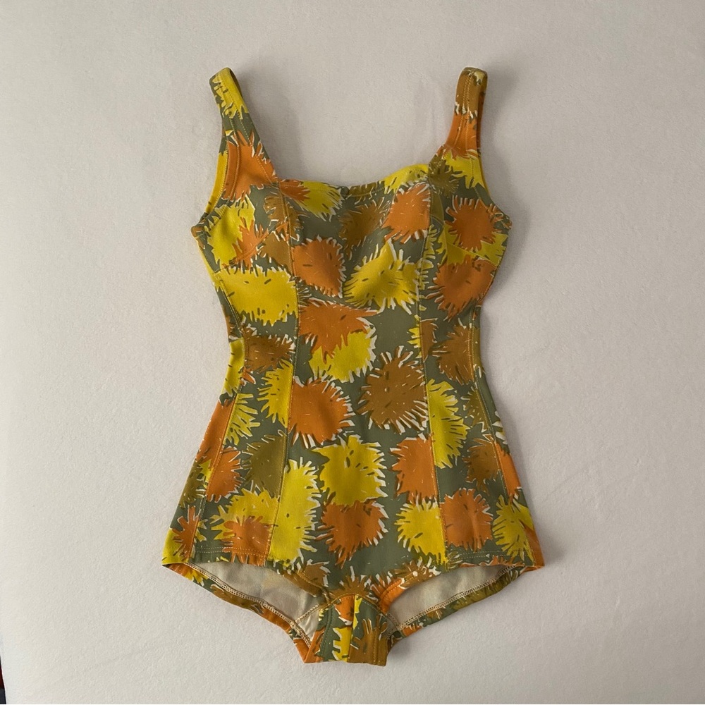 Vintage 1960s Earth Tone Floral One-Piece Swimsuit